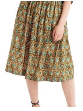 J. Crew Green Yellow Ratti Elephant Print Pleated Midi Skirt 6 Indie Boho small